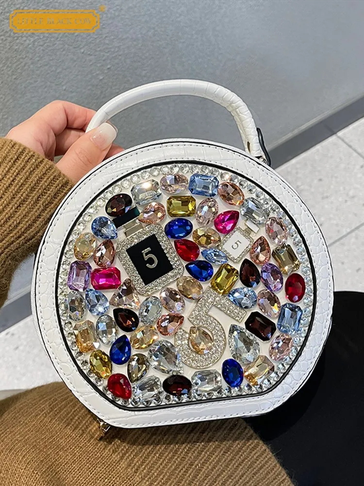 

Женская ручная сумка из натуральной кожи с бриллиантами в стиле пэчворк, маленькая круглая сумка на одно плечо, женская сумка через плечо под мышками