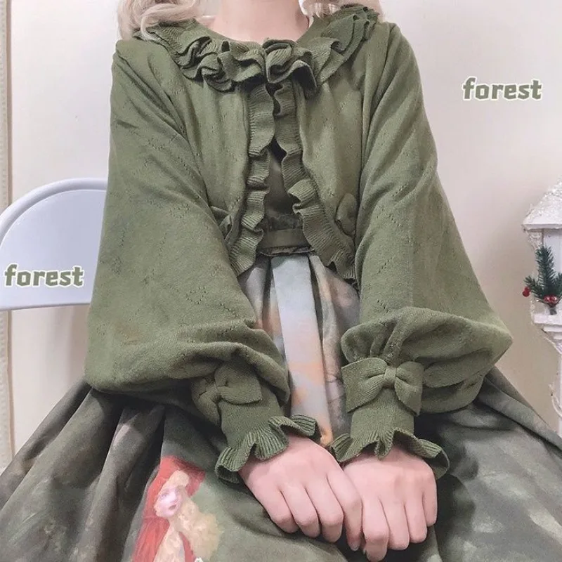 Вязаный кардиган с вырезом в форме сердца в японском стиле Лолиты, милая укороченная накидка с защитой от солнца, винтажный свитер Kawaii на весну и осень