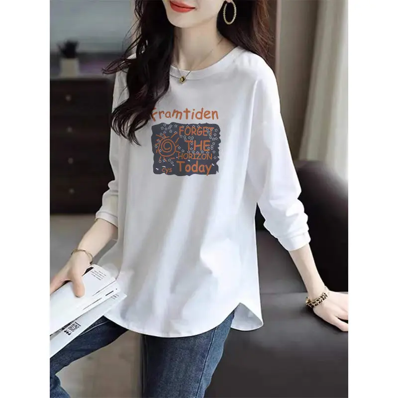 Spring Autumn New Long Sleeve Printing Letter Tops Tees Solid Color All-match Youth Casual T Shirts Vintage Korean Women Clothes