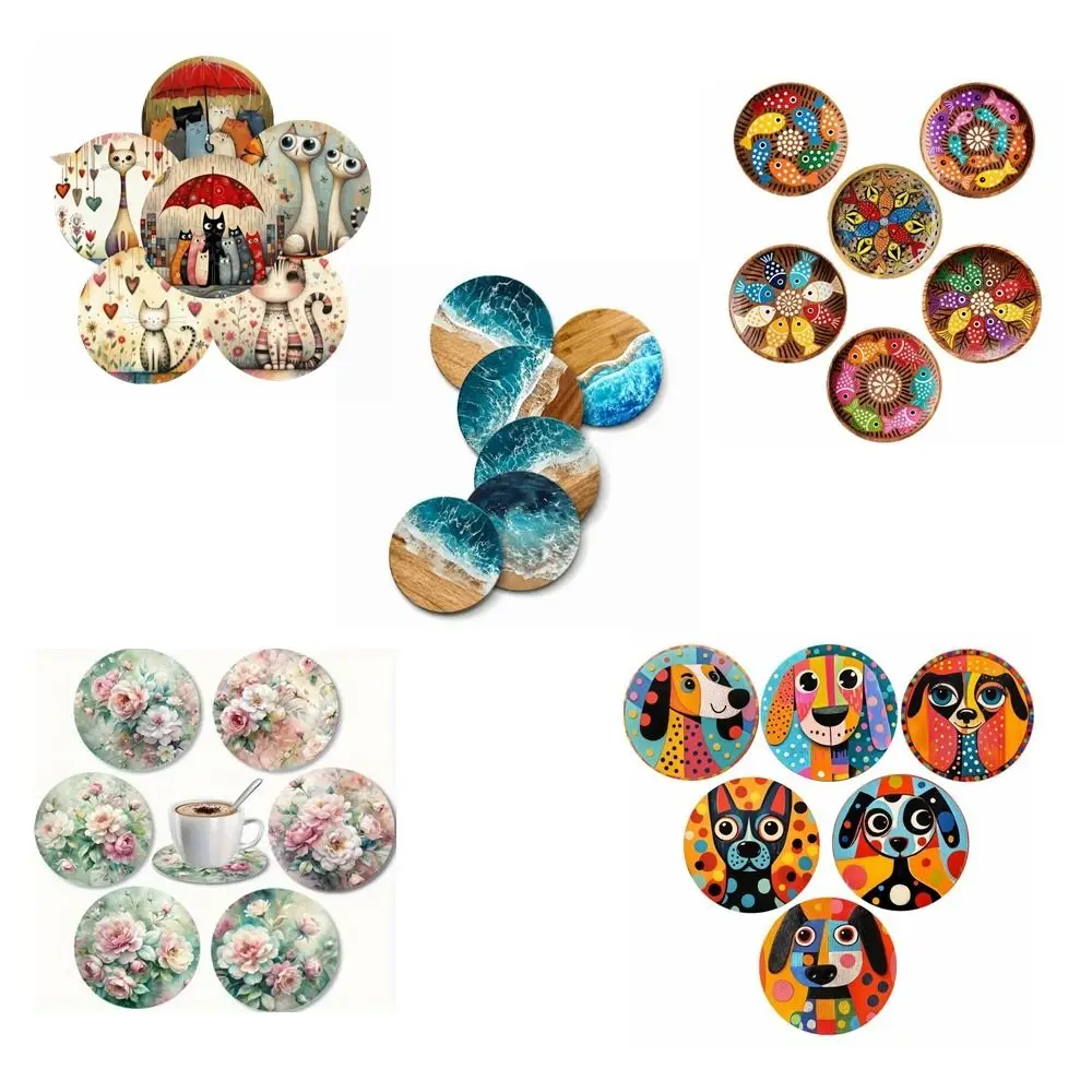 6pcs Stylish Heat-Resistant Wooden Coasters Non Slip Fish 2D Flat Mat Flower Cat Dog Drink Coaster Holiday Parties 6