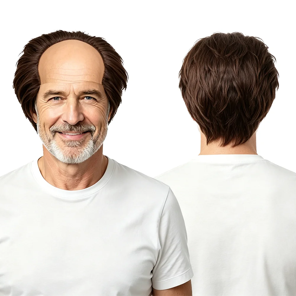 Realistic Brown Balding Wig For Men Receding Hairline Short Wig with Natural Scalp Old Man Wig Halloween Costume Party Prank