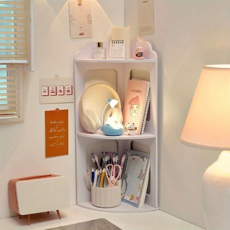 3-Tier Corner Desk Shelf, Space-Saving White Storage Rack for Organizing Books, Cosmetics, Office Supplies, Modern Layered