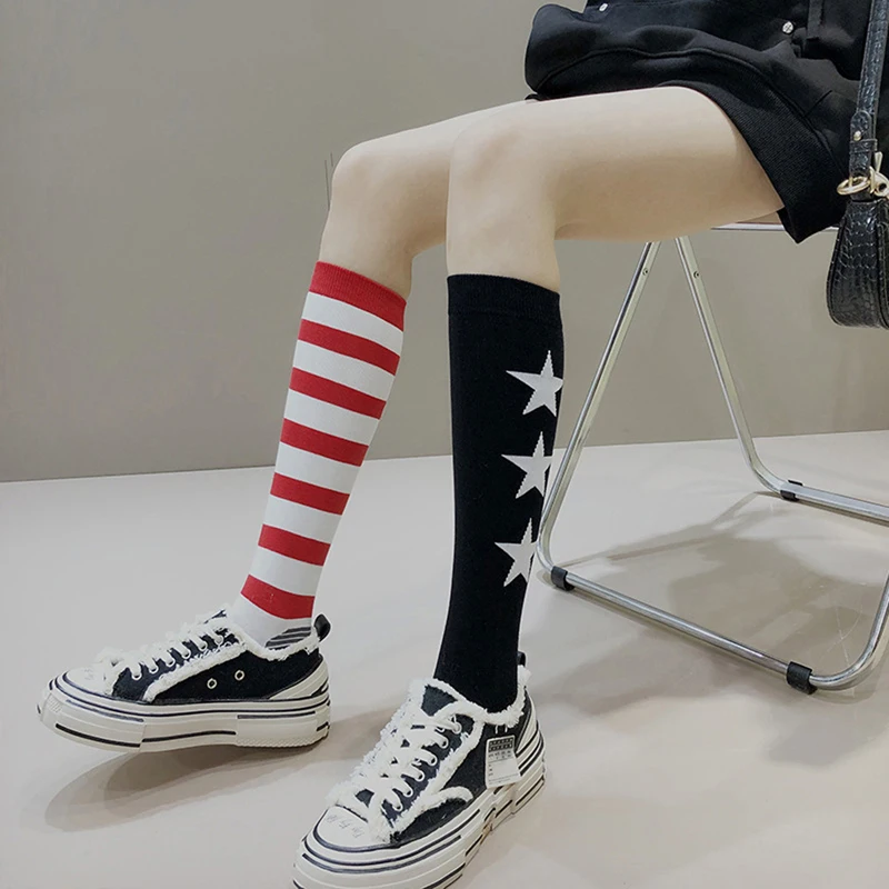 New Womens Stripe Print Knee High Socks Star Pattern Contrast Color Long Stockings Costume Leg Warmers Skin-Friendly Hot Sale