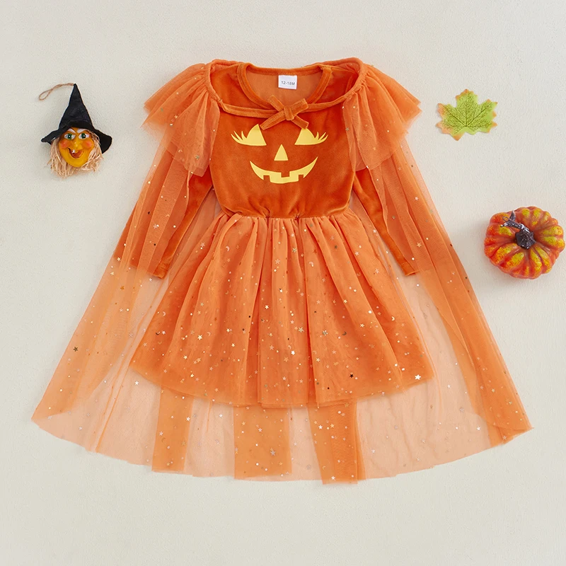 Girl Halloween Orange Printed Velvet Dress Pumpkin Face Print Long Sleeved Round Neck Chiffon Patch A-Line Dress with Shawl