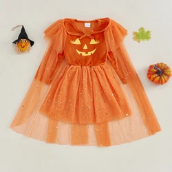 Girl Halloween Orange Printed Velvet Dress Pumpkin Face Print Long Sleeved Round Neck Chiffon Patch A-Line Dress with Shawl