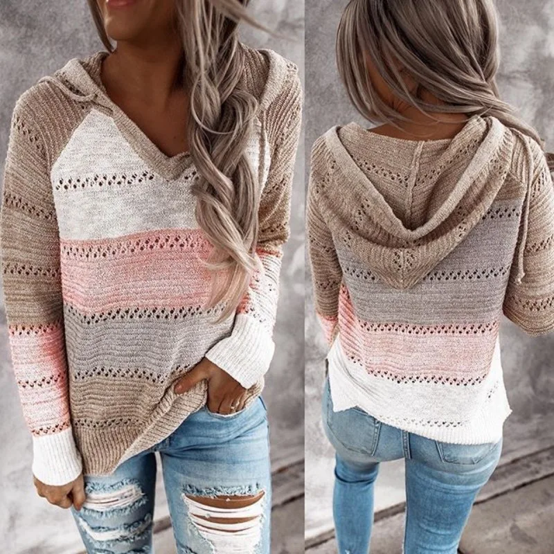 

Women Patchwork Hooded Sweater Casual Long Sleeve Knitted Sweater Top Striped Elegant Pullover Jumpers Autumn Winter Plus Size