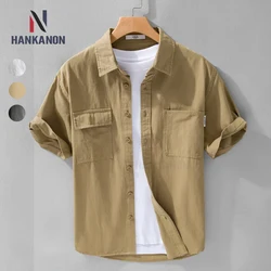 Summer Kaji Men's Workwear Short Sleeve Shirt, Casual Loose Cotton Shirt, Retro Solid Color Outdoor Top