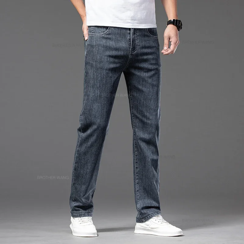 Spring Summer Thin Men\'s Classic Jeans Elastic Loose Straight Cotton Casual Denim Trousers Brand Clothing Business Male Pants