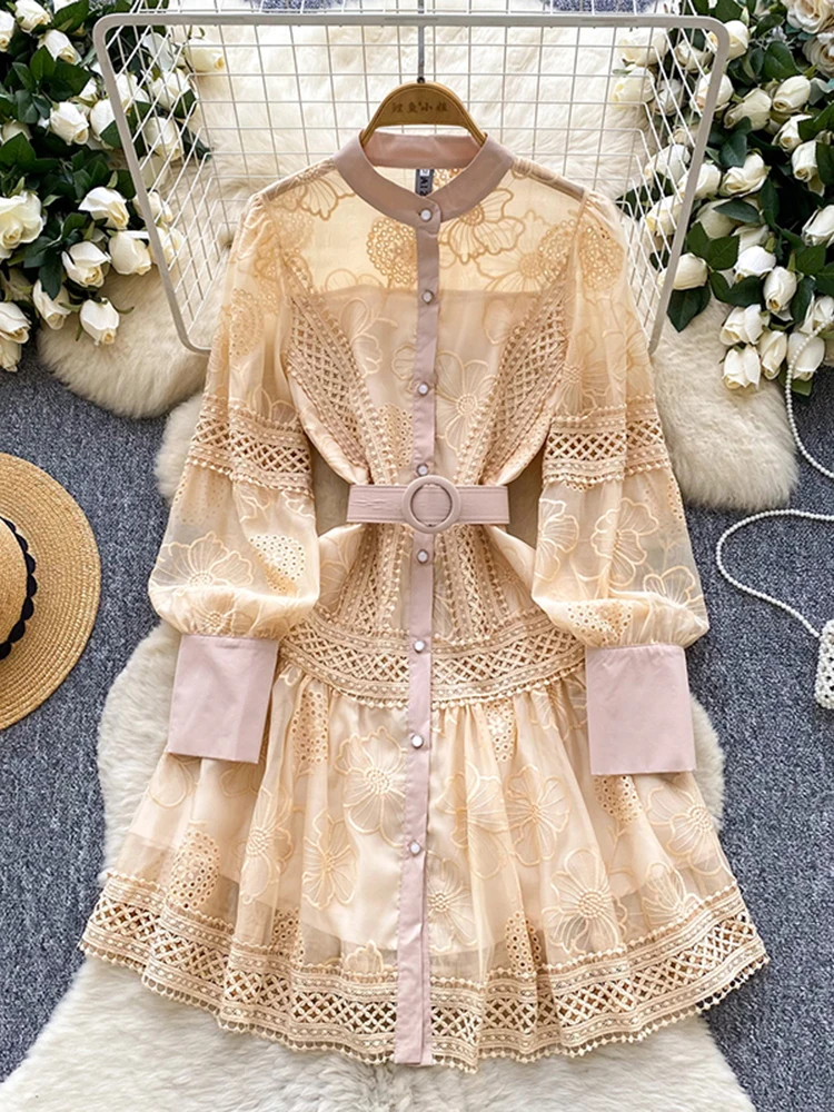 春秋フレンチレトロパーティー長袖ミニドレス女性の刺繍レースシングルブレストウエスト誕生日ドレス S125