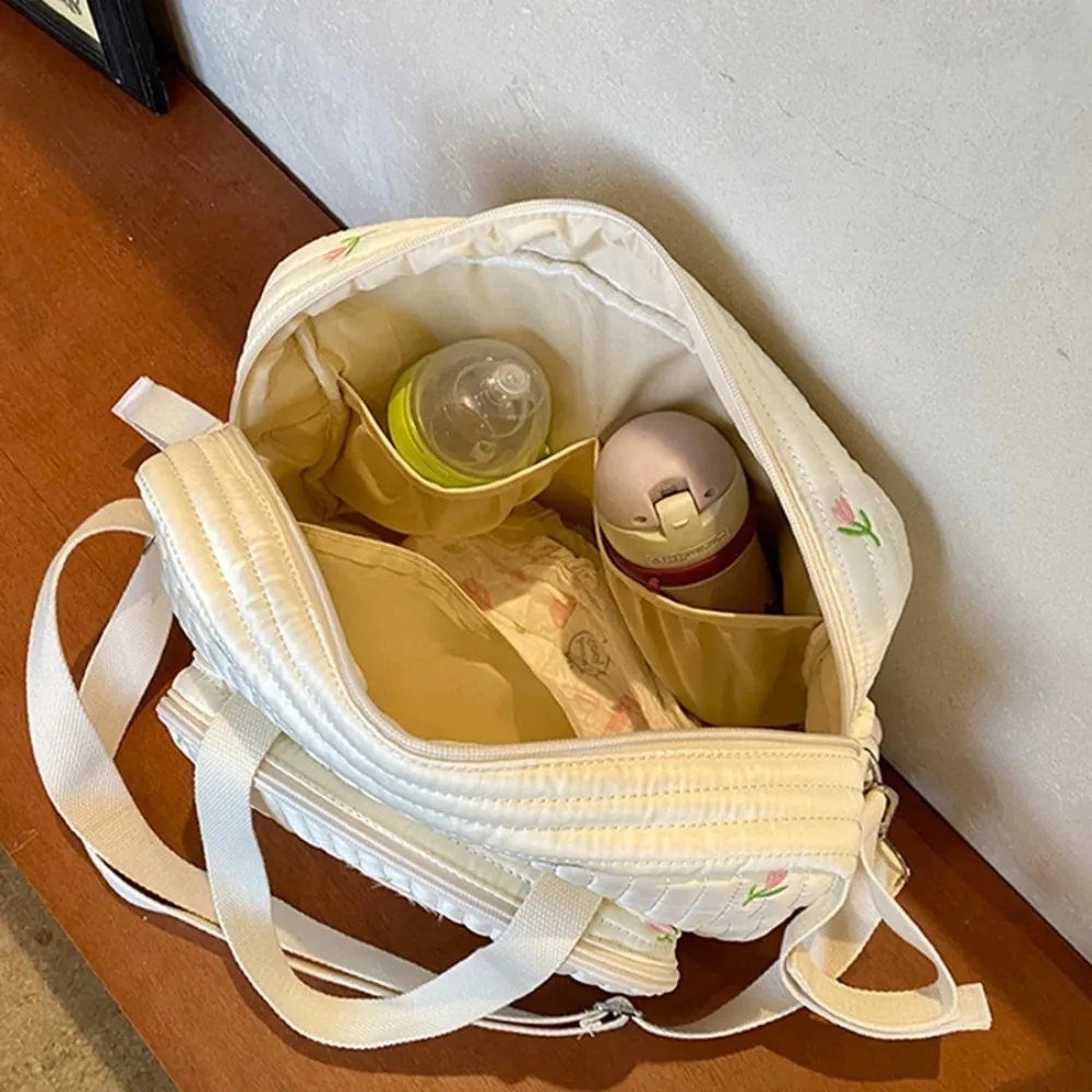 Mommy Diaper Bag Large Capacity Print Embroidery Zipper Handbag Beige Newborn Nappy Pouch Portable Single Shoulder Women's Bag image 5