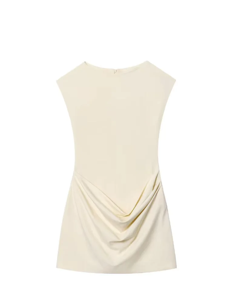 HH Frau Sommer Sexy Dünnes Minikleid Solide Oansatz Falten Dekoration Zipper Frau Neue Mode Chic Ärmellose Kleider 2025