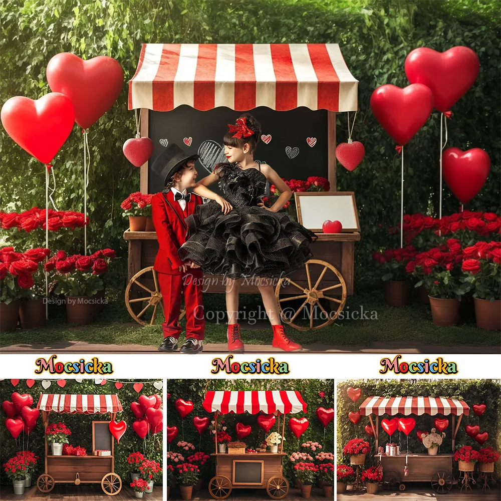 Valentine's Day Background Love Balloon Decor Rose Cart Green Leaf Backdrop Girl Spring Birthday Cake Smash Photo Studio Prop