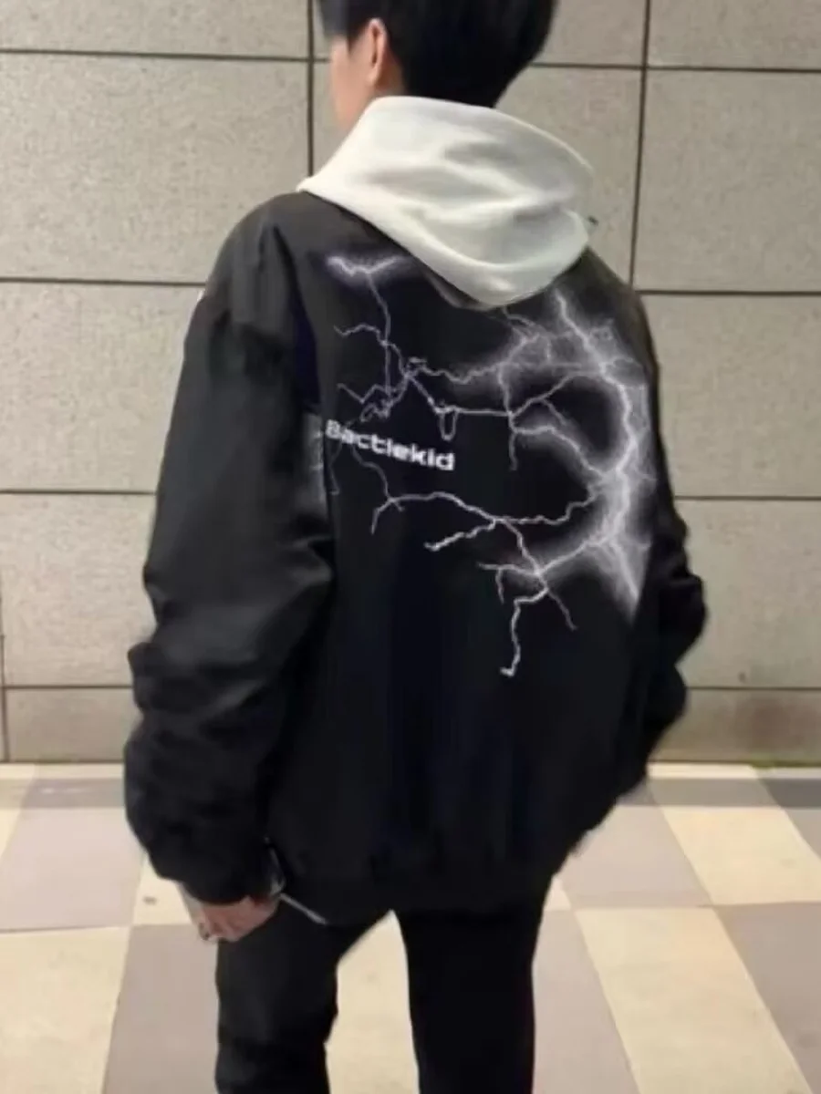

Oversize Fce Lined Men's Baseball Jaet Lightning Print Casual Outerwear Spring Autumn Winter Youth Faion Anti-Wrinkle