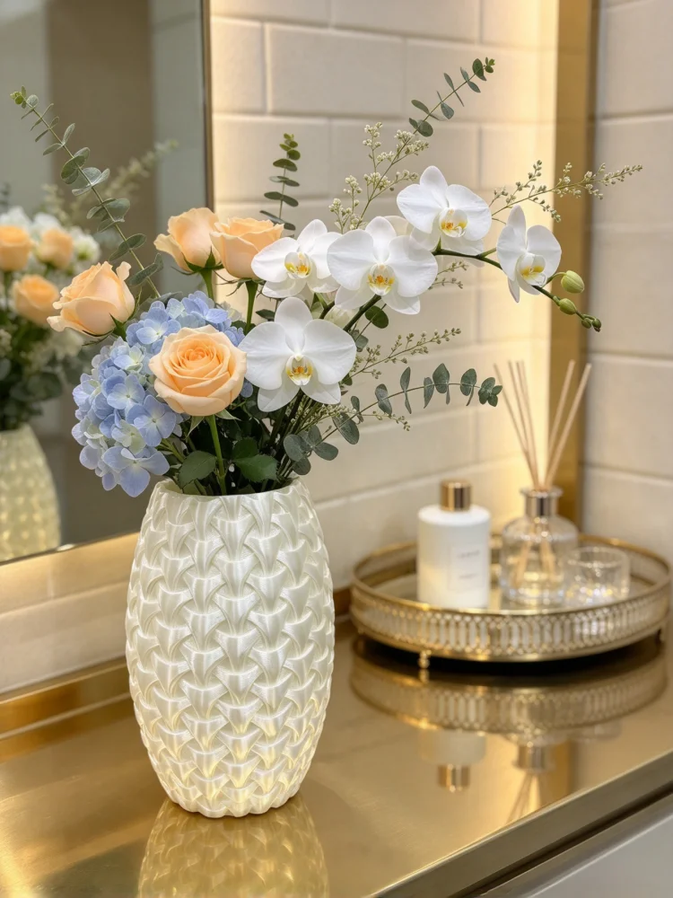 Special Silk-White Woven Texture Vase for Bathroom Vanity, 3D Printed Pla Material, Moisture-Proof Small Flower Vessel, Mini Size Suitable for Bathroom Countertops, Three-Dimensional Texture That Prevents Dust Accumulation and Is Easy to Maintain, Can Be Used to Insert Small Bouquets to Decorate the Bathroom Space, Enhances the Sophistication and Warm Ambiance of the Bathroom, Suitable for Modern Minimalist Nordic-Style Bathroom Decor, Not Only a Bathroom Decorative Piece but Also a Small Flower Arrangement Vessel, High-Value Bathroom Soft Furnishings