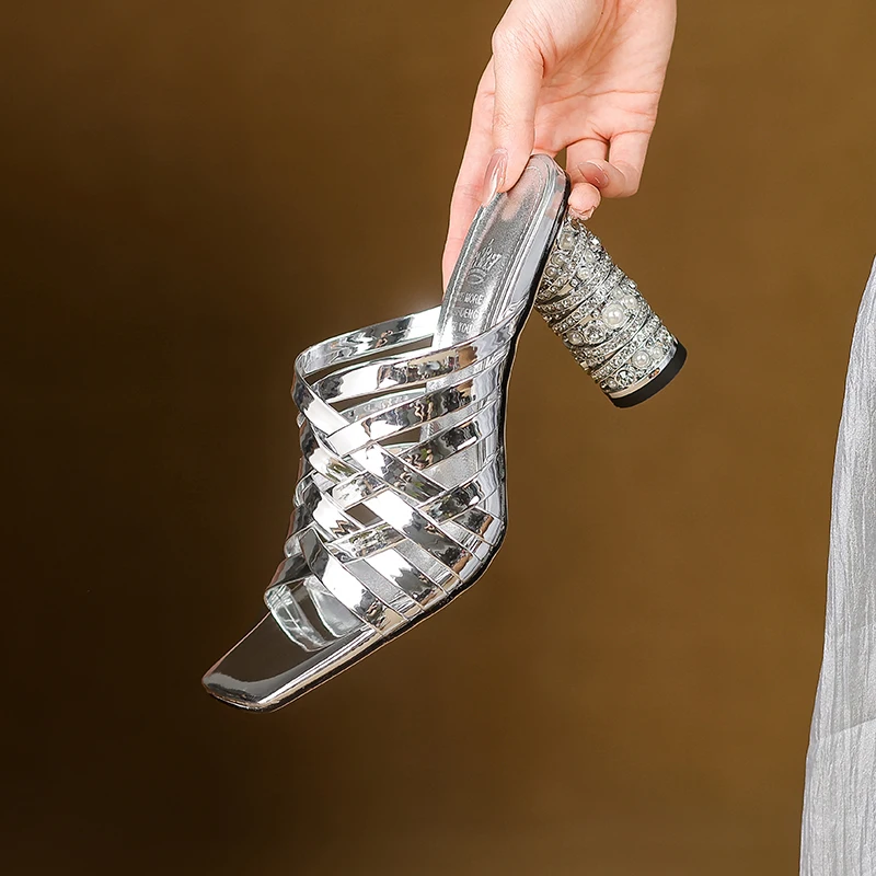 

Genuine Leather Woven Mules Women Chunky Heel Single Strap Slip On Elegant High Heel Shoes