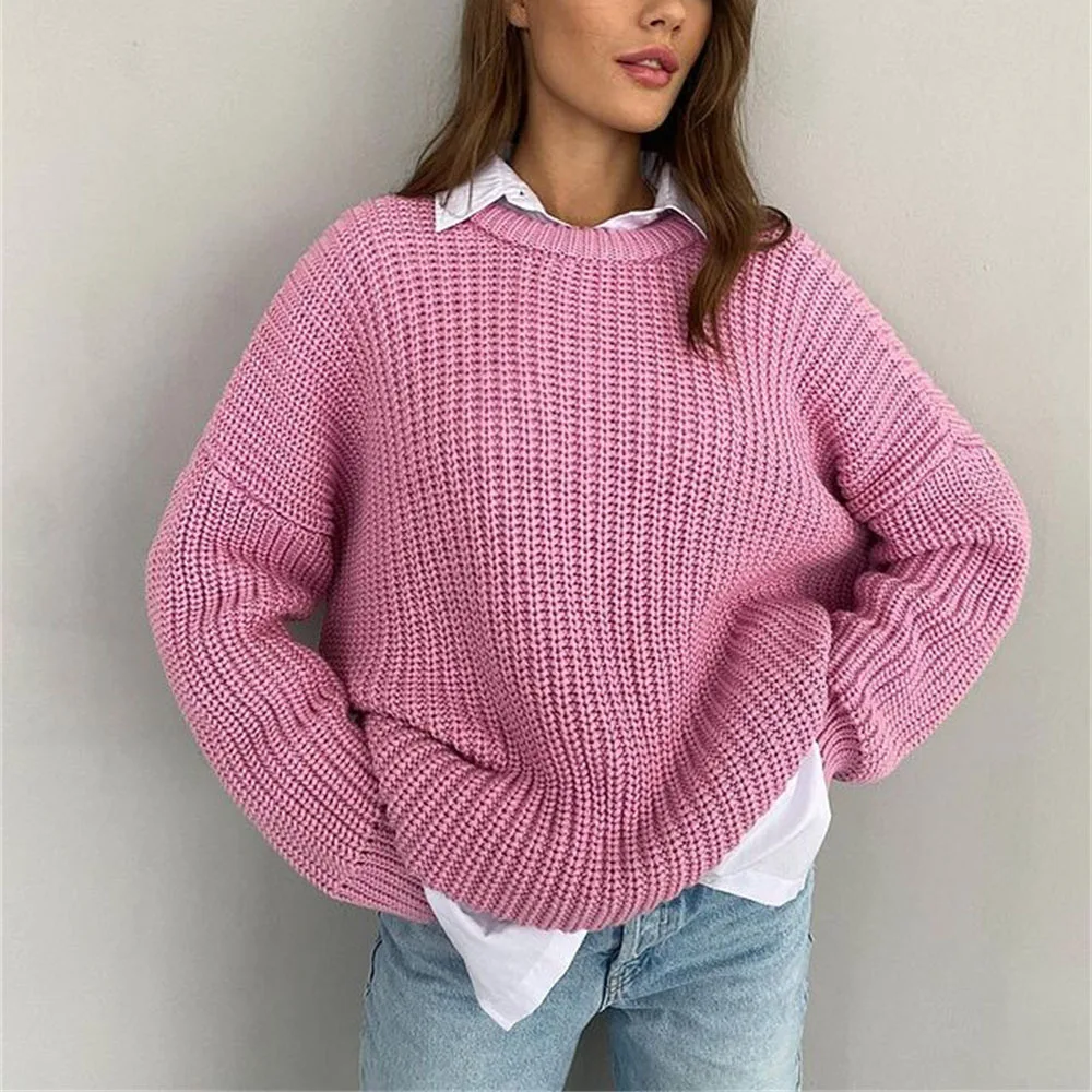 Y2k Sweater Women Autumn Winter Purple Simple Solid Pullover Knit Elastic Jumper Casual Warm Birthday Top Jacquard Jumpers