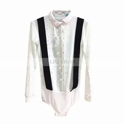 Figure Skating Top Men Boy Ice Shirt White Spandex Rhinestone Costume High Elasticity Performance Wear Handmade Solid Leotard