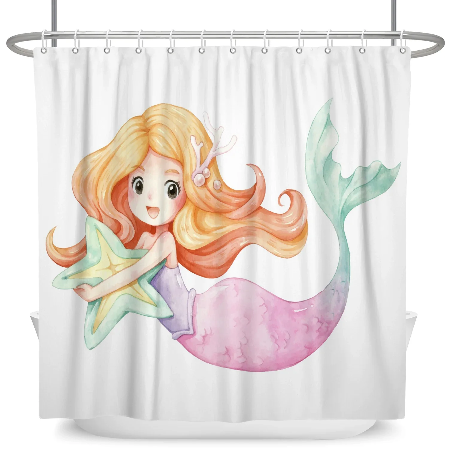 

Cartoon Seabed Mermaid Bath Curtain Waterproof Shower Curtains Polyester Bath Curtain for Bathroom Home Decor with Hooks