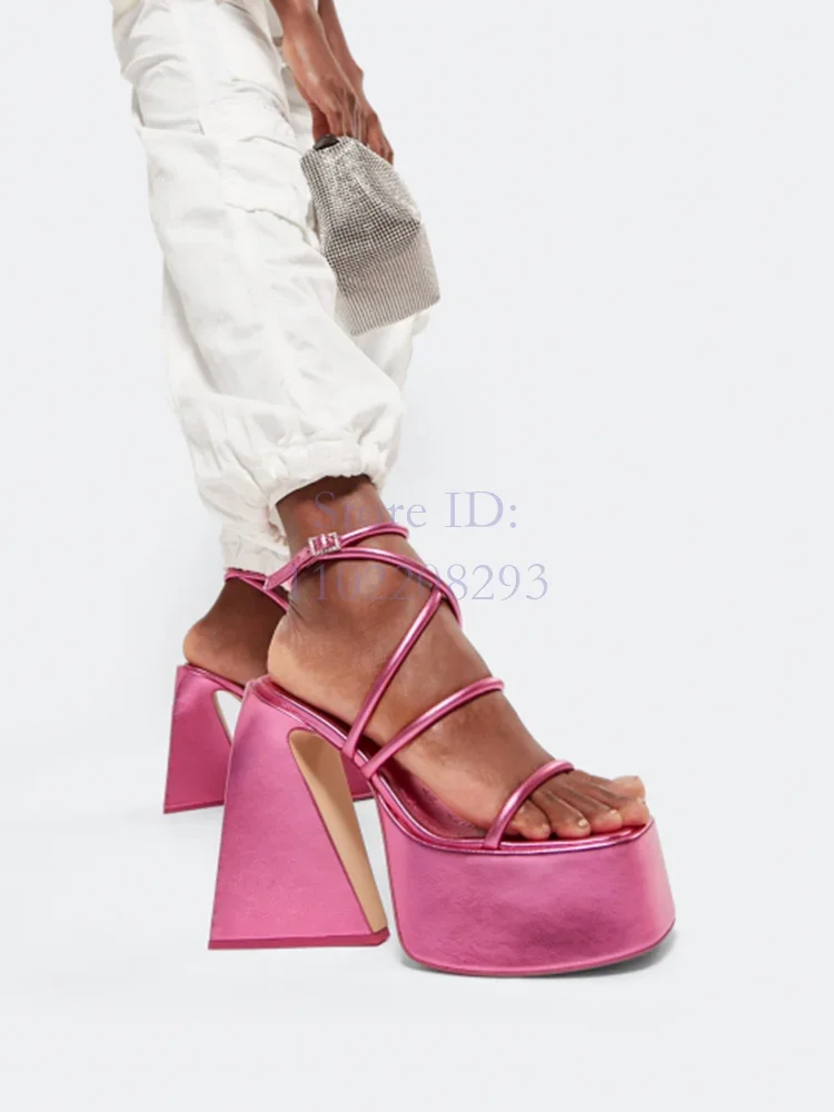 

Rose Red Platform Crystal Buckle Sandals Square Toe Cross-tied Ankle Strap Chunky Heels Sandals 2024 Women Fashion Punk Shoes