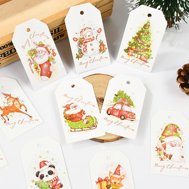 50pcs Merry Christmas Tags Scallop Shape Kraft Paper Card Gift Tag Santa Claus Pattern Xmas Tree Hanging Decor Festival Supplies