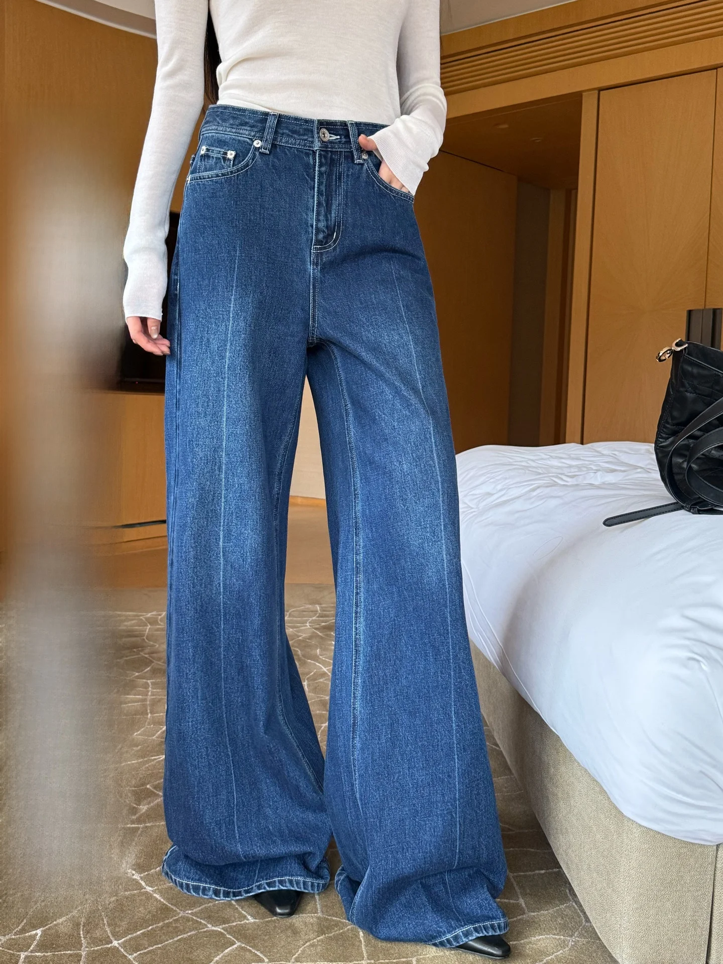 

Длинные широкие джинсы BULENG, прямой крой, женские свободные драпированные джинсы в стиле ретро, с микроэластичной тканью на талии