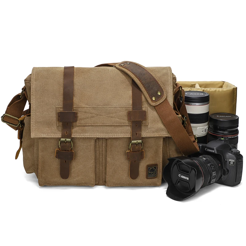 

Vintage Camera Messenger Bag DSLR Canvas Leather Laptop Shoulder Bag with Removable Padded Camera Insert Case