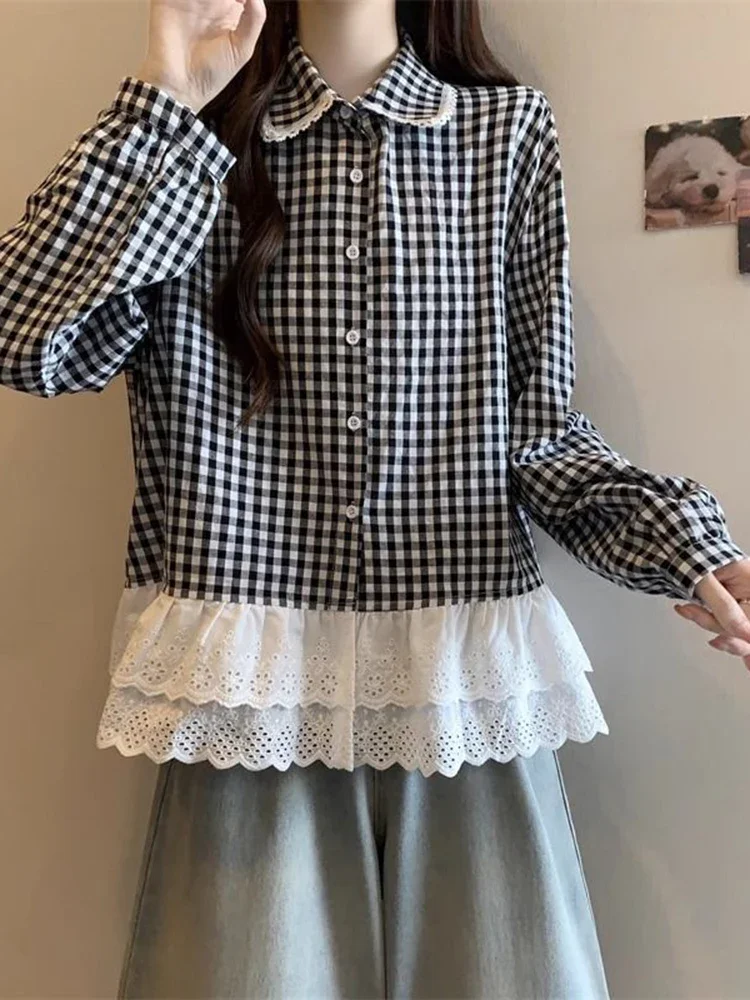 المرأة الحلو منقوشة قميص الفرنسية خمر نمط Preppy الدانتيل المرقعة بلوزة ريترو كم طويل سيدة لطيف بيتر بان طوق القمم #3