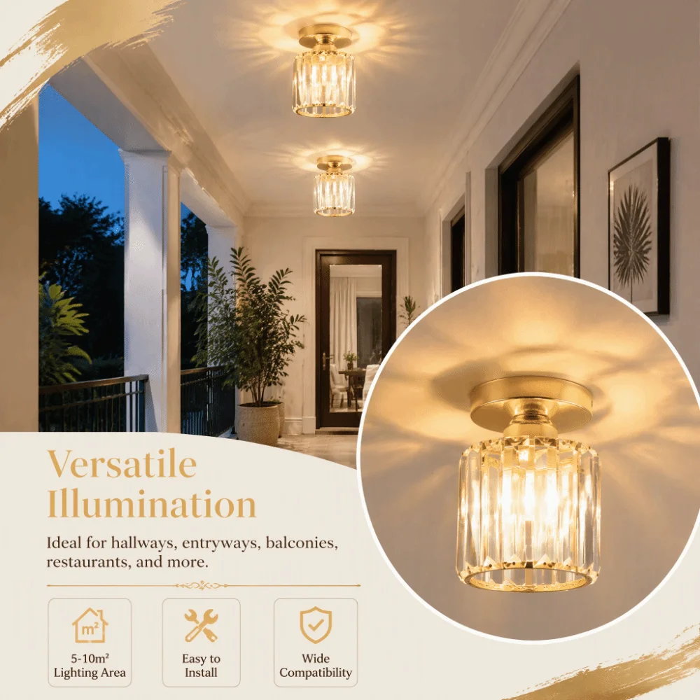 Crystal Ceiling Light E26/E27 Gold Finish Close to Ceiling Lamp AC 85-265V Bulb Not Included Ceiling Light Fixture Bedroom