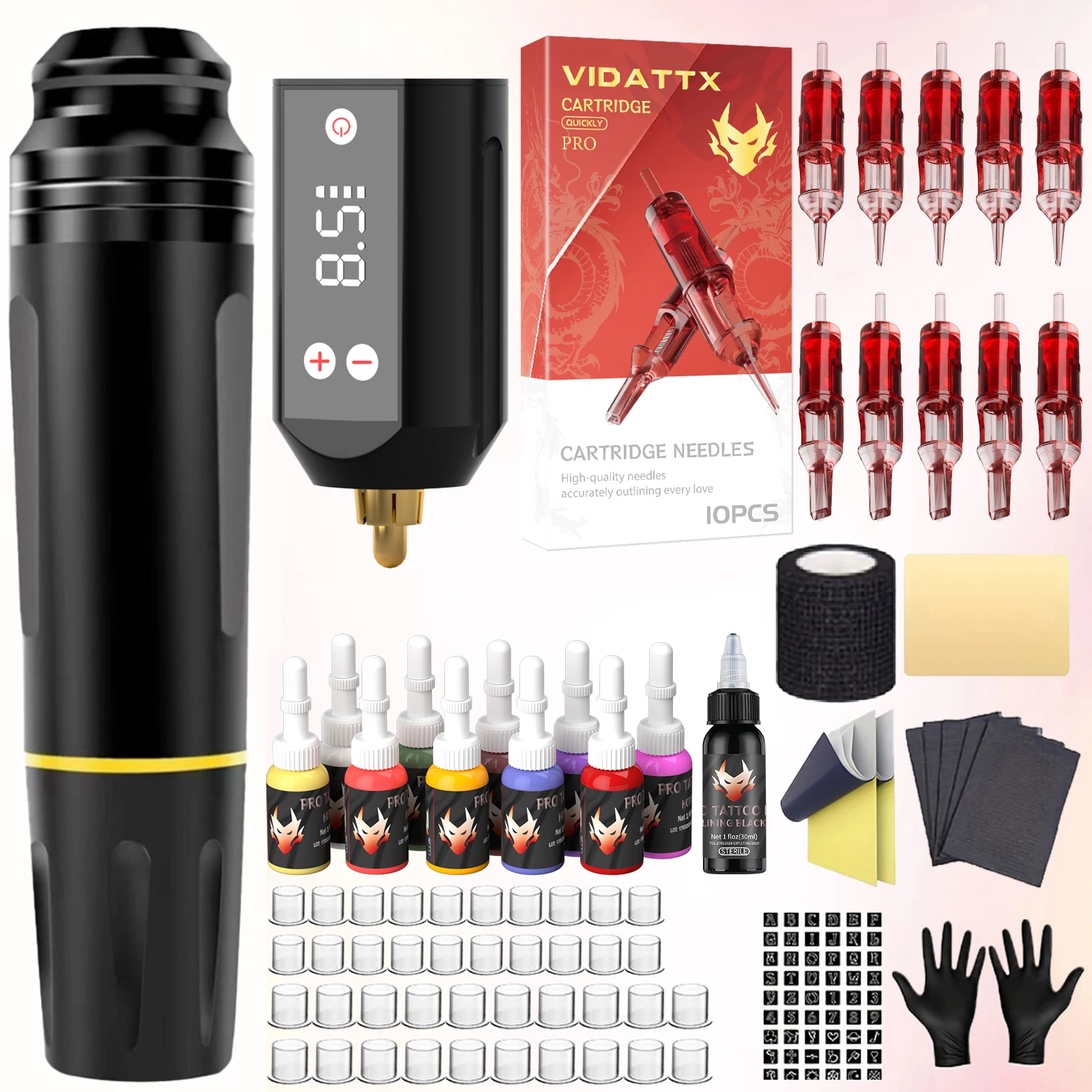 

VIDATTX Набор для татуировки Лидер продаж Комплект тату-машины Красный 10 шт. Иглы для татуировки Черный Беспроводной источник питания для татуировки Набор ручек для татуировки
