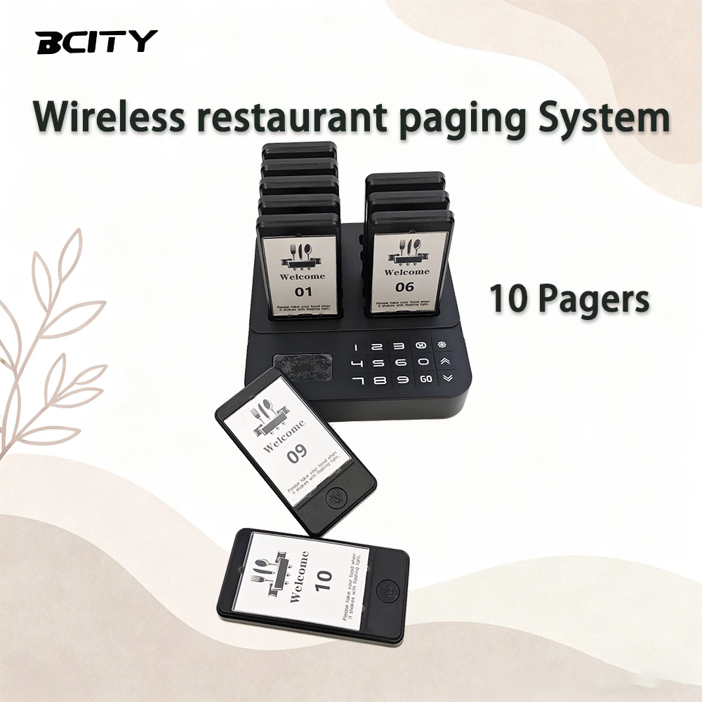Fast Food and Cafe Paging System, Wireless Self-Service Meal Reminder with 10 Vibrating Beepers for Restaurant