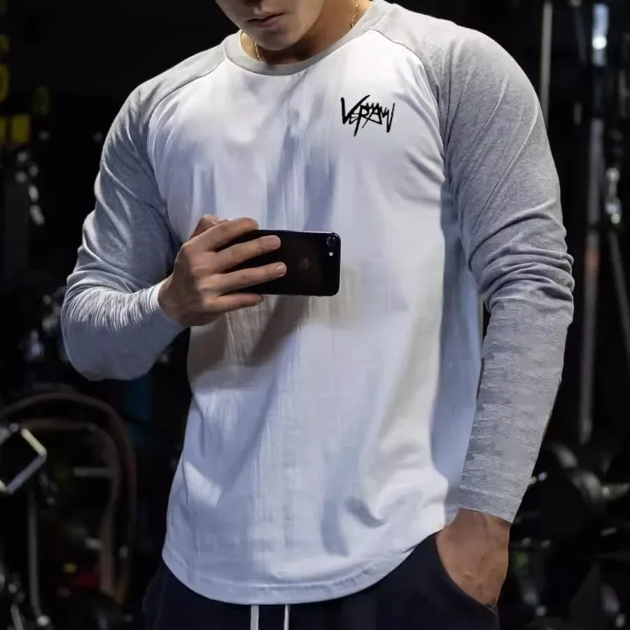 Bawełniana koszulka męska koszula patchworkowa z długim rękawem kulturystyka zaokrąglona krawędź trening Fitness T-shirt mężczyźni wiosna jesień