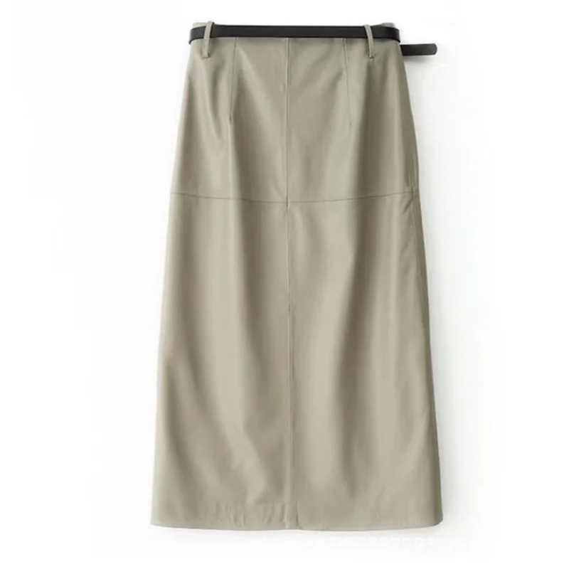 تنورة نسائية من الجلد الطبيعي طويلة ميدي بفتحة مستقيمة تنورة راقية أنيقة للتخسيس للربيع والخريف تنورة من جلد الغنم #2