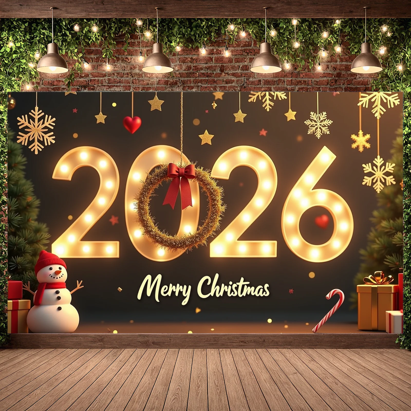 2026 عيد الميلاد السنة الجديدة راية الذهب تضيء ديكور خلفية الشريط الأحمر عطلة الديكور السنة الجديدة حفلة داخلي الجدار الشنق #2