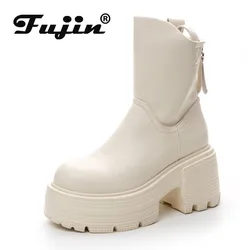 Fujin 9cm Microfiber Synthetic Leather Platform Wedge Women Boots Ankle Spring Knee High Fashion Autumn British Boots ZIP Shoes