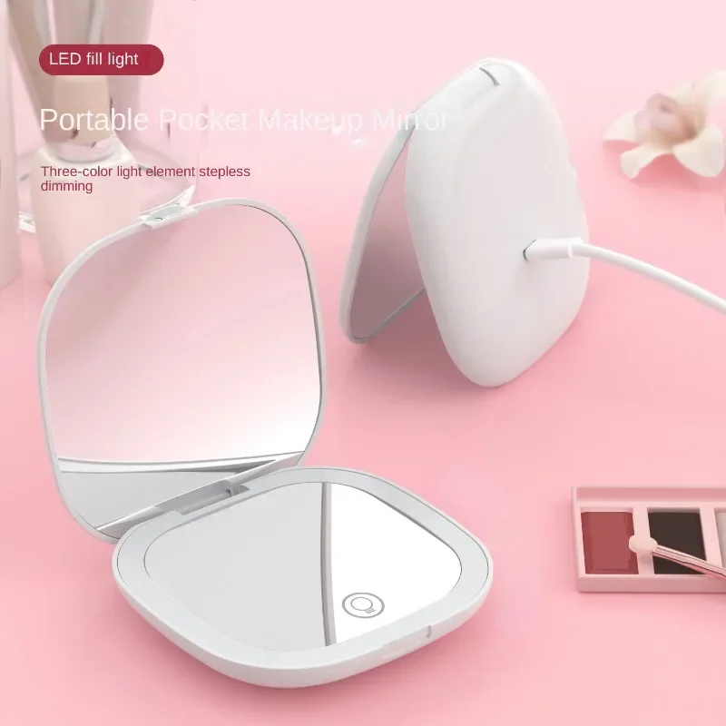 Compact Small Mini Gift Vanity Table Folding Led Lights Portable Hand Held Pocket Makeup Mirror 2X magnifying