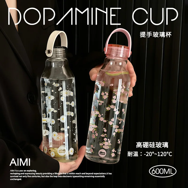 Household Cup Handle Straw Cup Handy Women's Portable with Graduated Water High Temperature Resistant High Borosilicate Glass