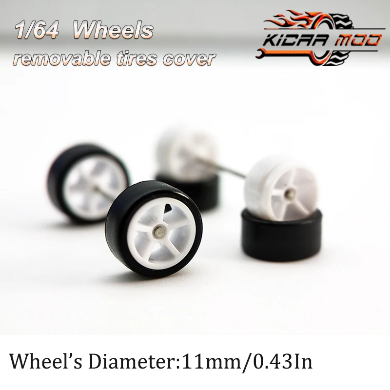 1/64 RLC Premium Wheels with Rubber Slick Tires for Hot Wheels Five Spokes Model Car Refitting Parts D:11mm (1 Set)