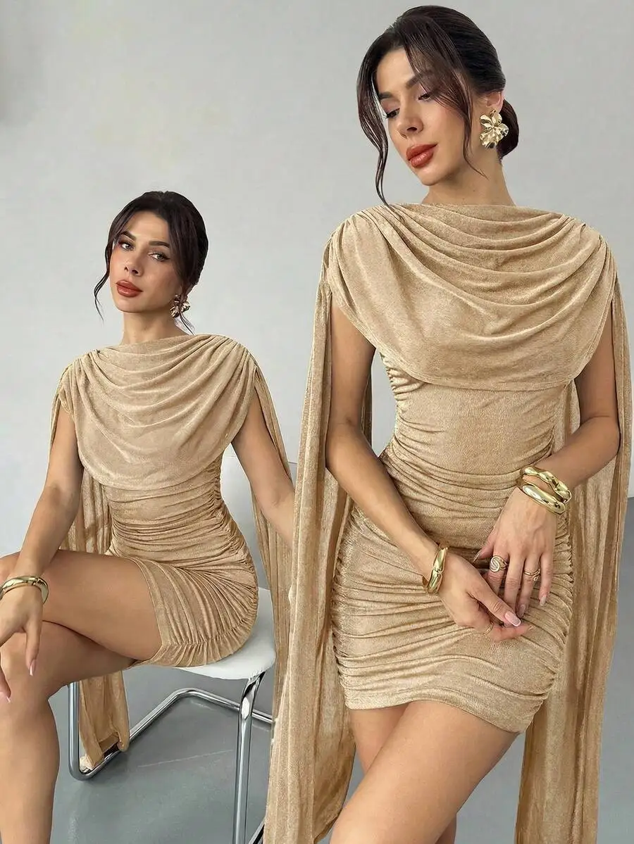 

Elegant Beige Draped Ruched Mini Dress For Party Night Out