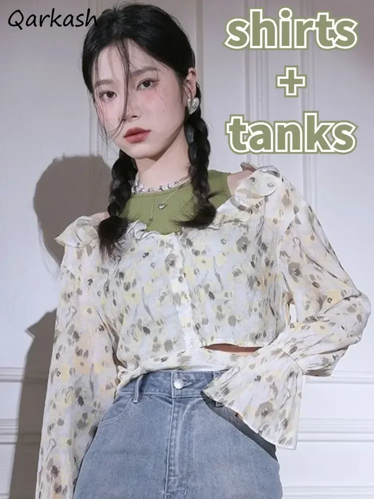 

2 Pcs Sest Women Ruffles Floral Streetwear Flare Sleeve Shirts Hotsweet Tanks Elegant Beach Style All-match Female Holiday Ins