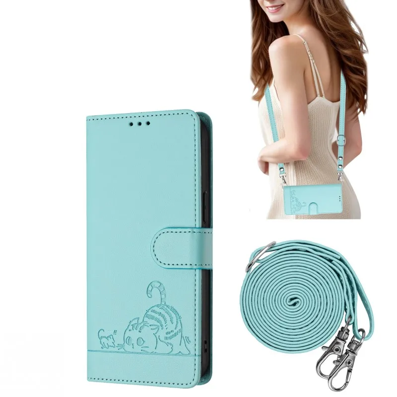Crossbody Strap Case For Oneplus 12 11 10 8 Pro 10R 9R 8T 12R 11R One plus Nord 2 2T Cat Leather Flip Wallet Card Necklace Cover image 3