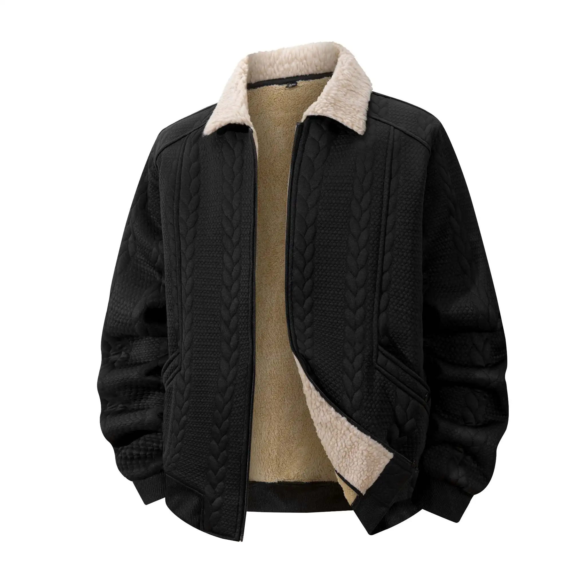 Men's diamond jacquard lapel jacket, fleece lapel, full zipper placket, fleece lining for heat retention, side insert pockets, ribbed hem and cuffs, loose fit, casual warm outerwear for autumn and winter