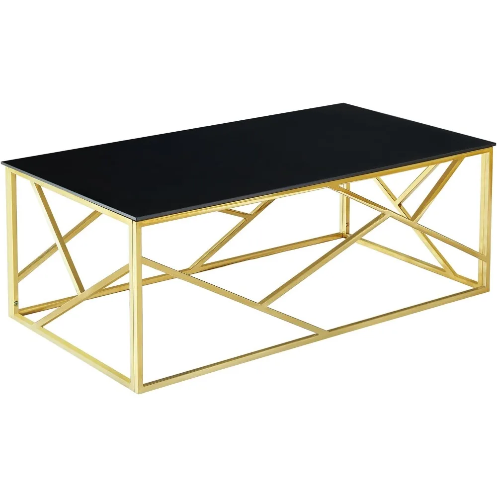 Modern Minimalist Tempered Glass Rectangle Coffee Table with Gold Metal Frame for Living Room