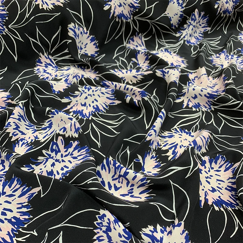 

1 meter 100% Mulberry Silk 16 momme Crepe Silk Fabric Black Big Floral Printed 114cm 44" wide by the yard JX226