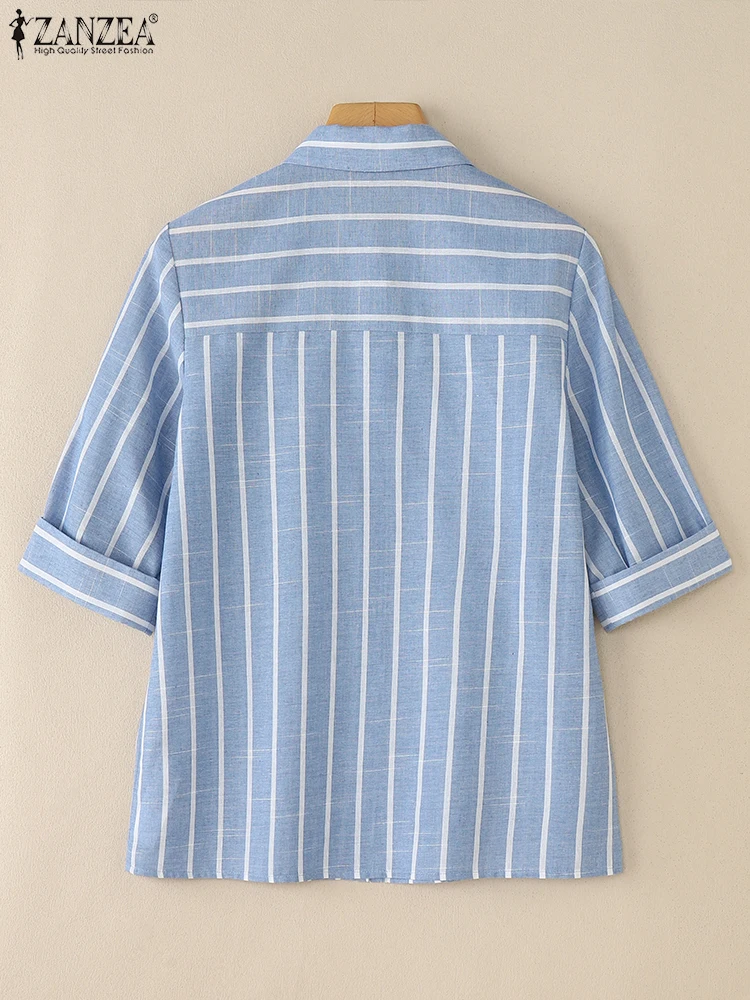 Camisas a rayas a la moda ZANZEA, Blusas de trabajo de manga 3/4 con cuello de solapa para mujer, Tops informales con botones, Blusas de gran tamaño