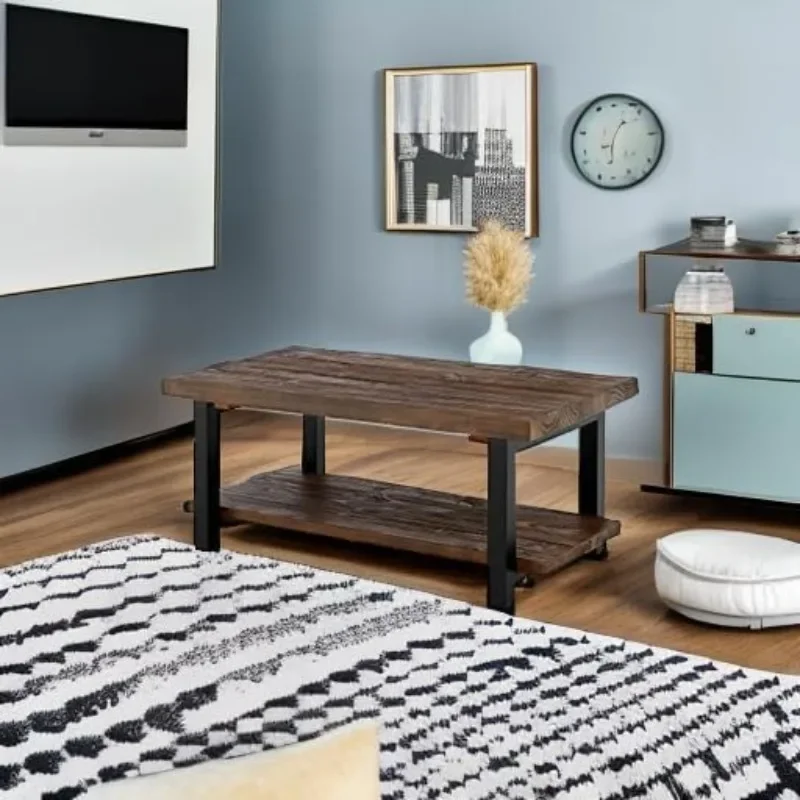 Alaterre Furniture Pomona Rustic Industrial Modern Vintage Metal and Solid Wood Coffee Table, Easy to Assemble