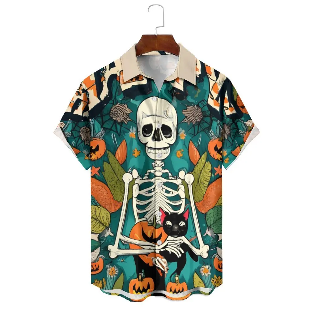 

Summer Fashion Men's/Women's Cartoon Skull Print Multi-Color Collision Loose Casual Large Size Lapel Short-Sleeved Shirt