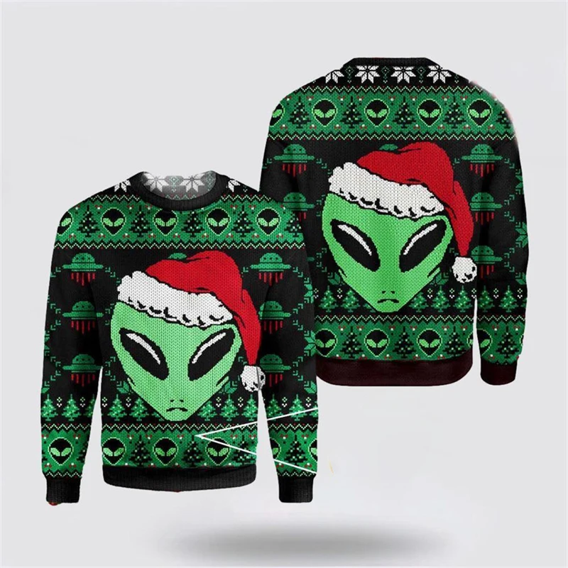 Alien Pattern Christmas Ugly Sweater Men Women Fashion Trendy Crewneck Pullover Top Autumn Personality Harajuku Street Hoodie