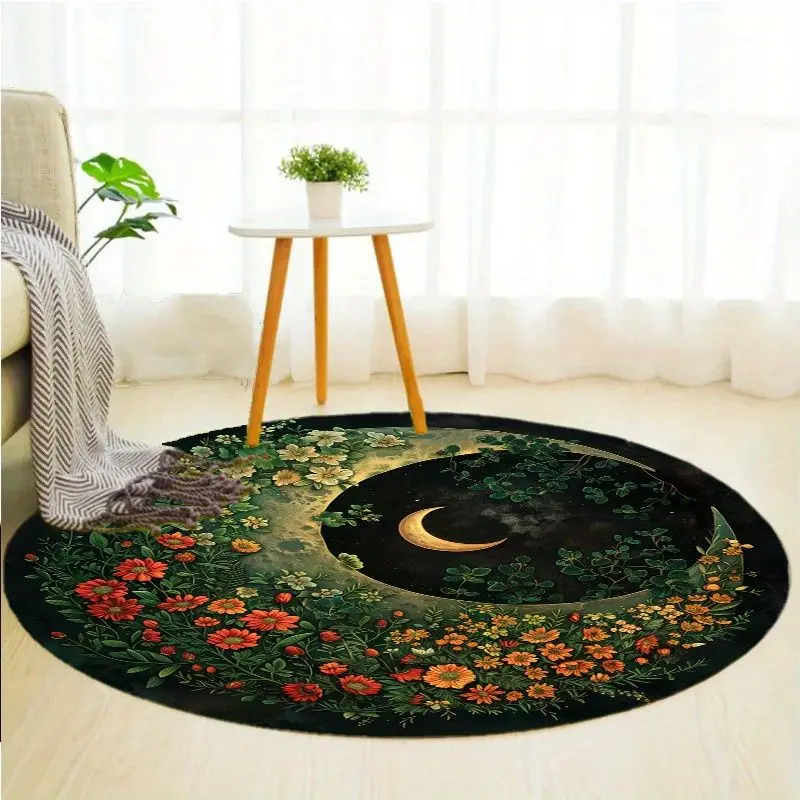 VIKAMA Night Bending Moon Retro Wildflower Round Carpet, Swivel Chair Mat, French Bedroom Light Luxury Living Room Rug