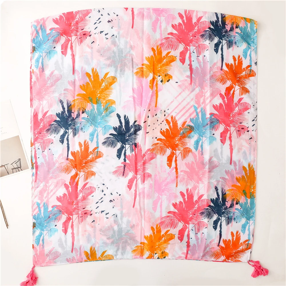 2022 New Cotton Ombre Tree Print Tassel Scarf Shawls Long Coconut Tree Pattern Beach Wrap Hijab Scarves Free Shipping