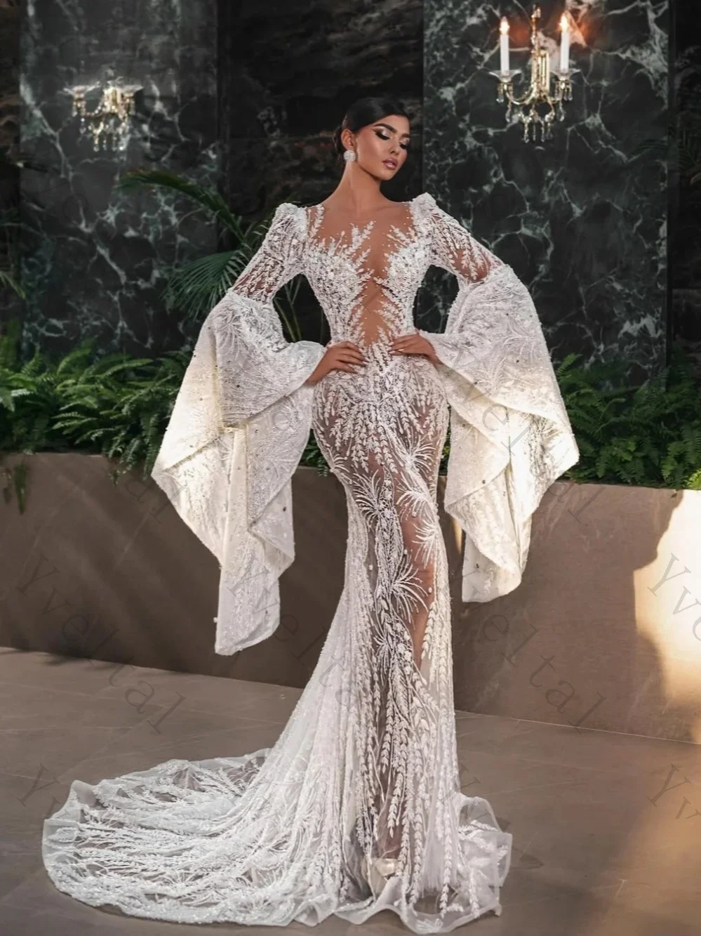 Customized Elegant Temperament Exquisite Beaded Lace Mermaid Wedding Dresses Fascinating  Luxury Pearls Flare Sleeve Bridal Gown